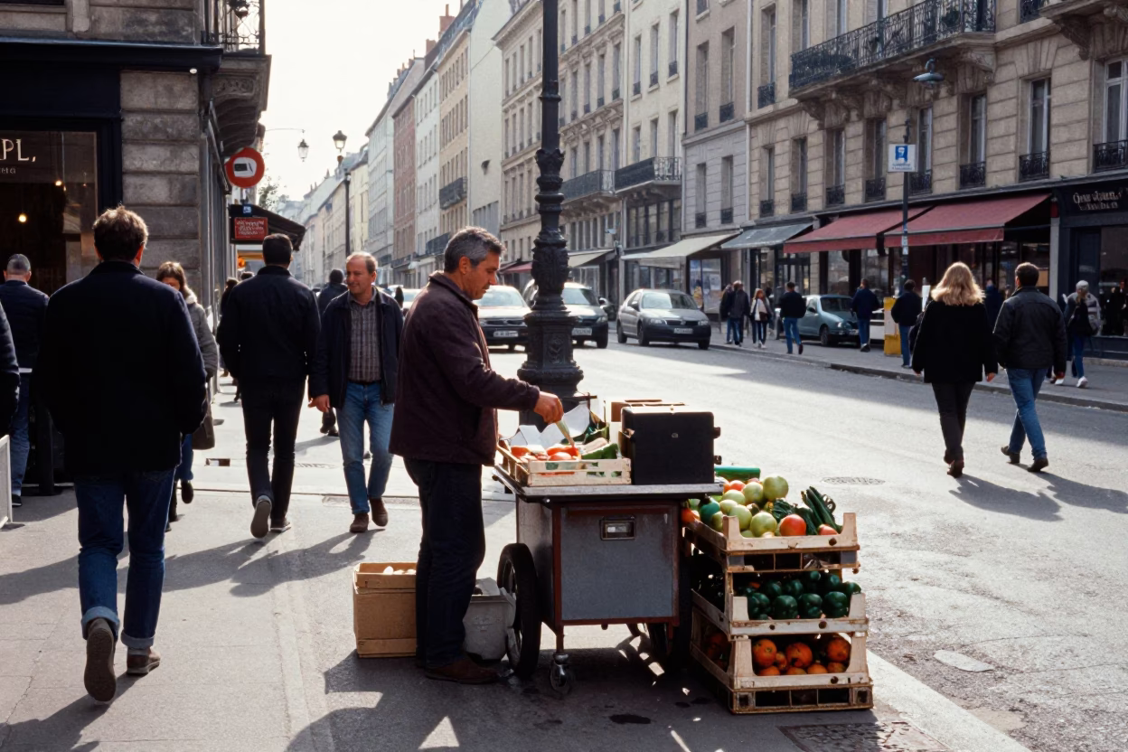 Busy Lyon France Late Morning Street Scene with Vendors and Historic Architecture in in Lyon, France