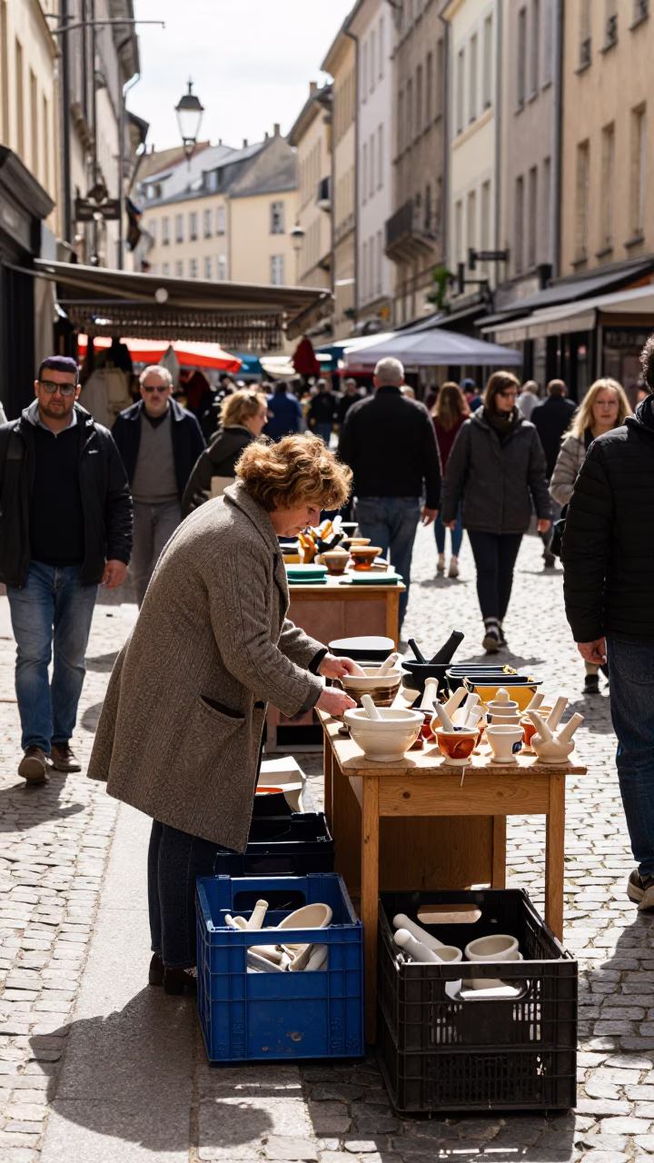 Busy Lyon France Midday Street Scene with Local Market Activity and Traditional Elements in in Lyon, France