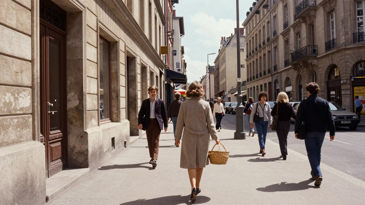 Busy Lyon France Midday Street Scene with Vintage 1970s Details and Local Life in in Lyon, France