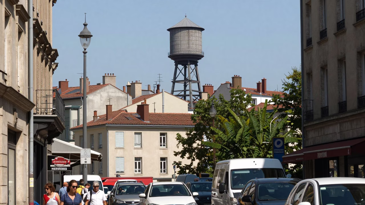 Busy Lyon France Midday Street Scene with Water Tower Rooftop and Local Market Activity in in Lyon, France
