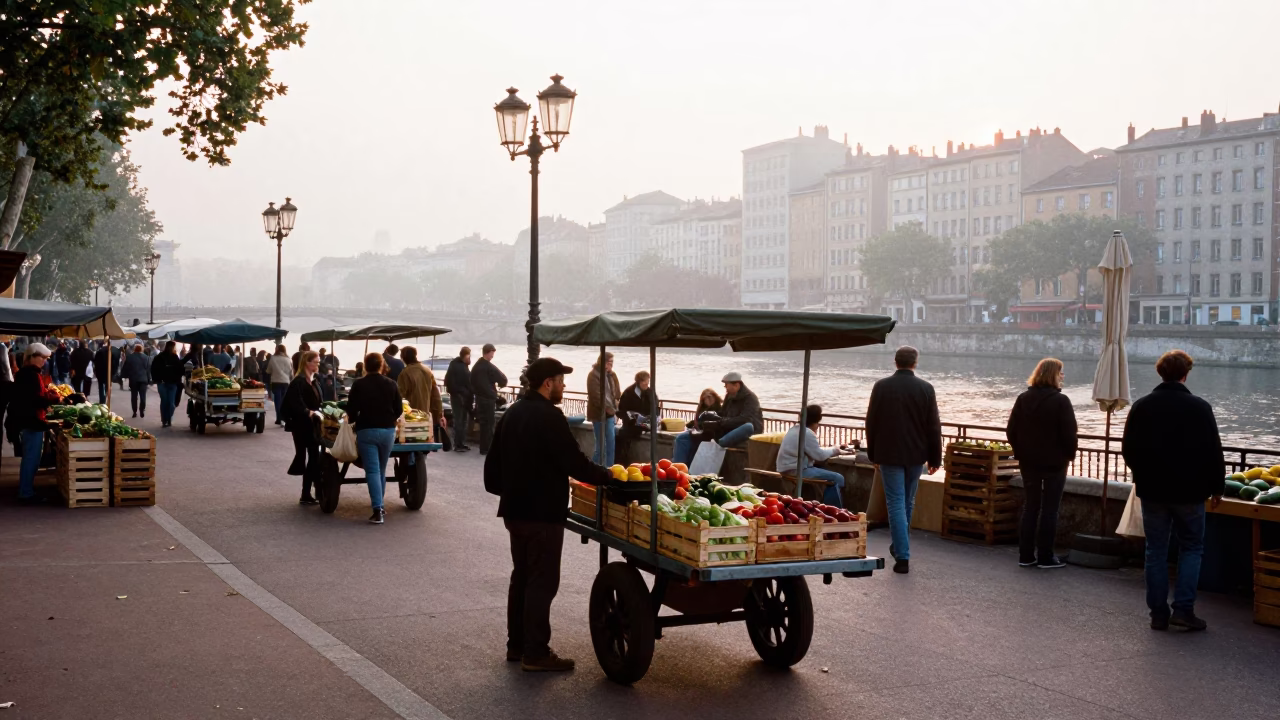 Busy Lyon France Nautical Dawn Street Scene with Rolling Carts and Local Activity in in Lyon, France