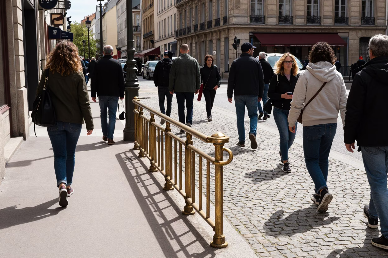 Busy Lyon France Noon Street Scene with Brass Rail and Steel Cup in in Lyon, France