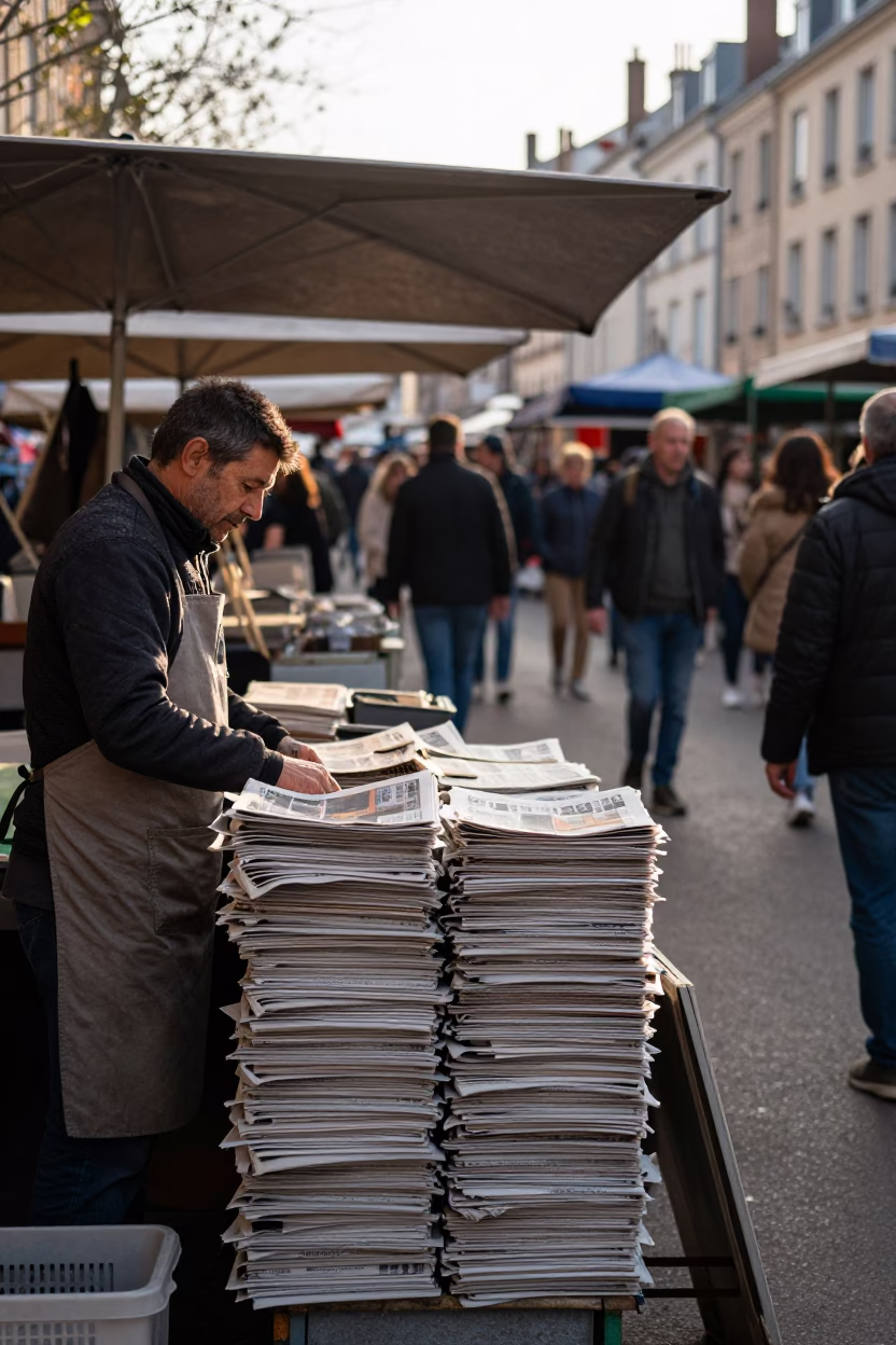 Busy Lyon France Street Market Stall Just After Sunrise With Newspaper Stack And Cabbages in in Lyon, France