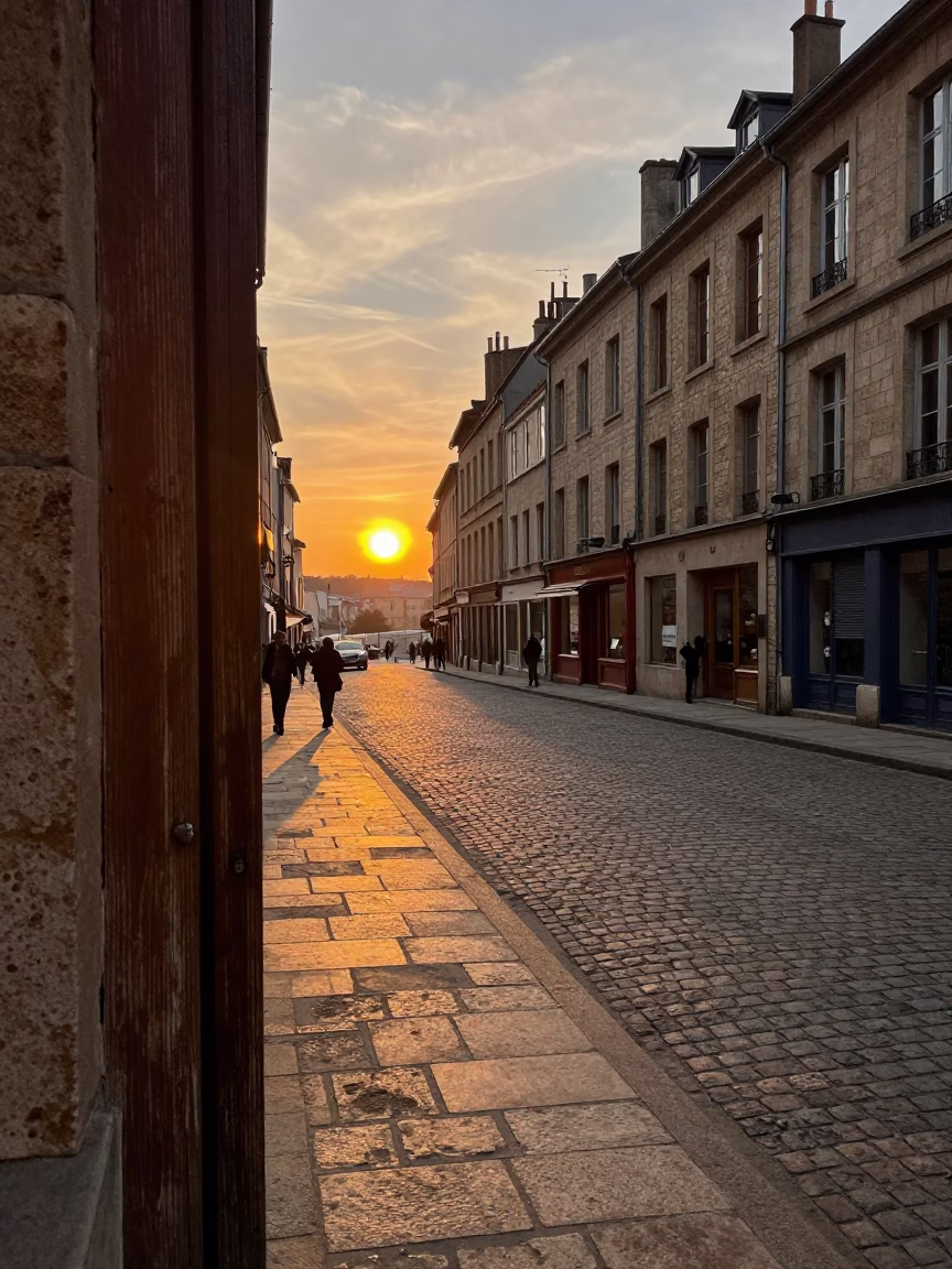 Busy Lyon France Street Scene at Sunset with Tea Stains on Historic Doorframe in in Lyon, France