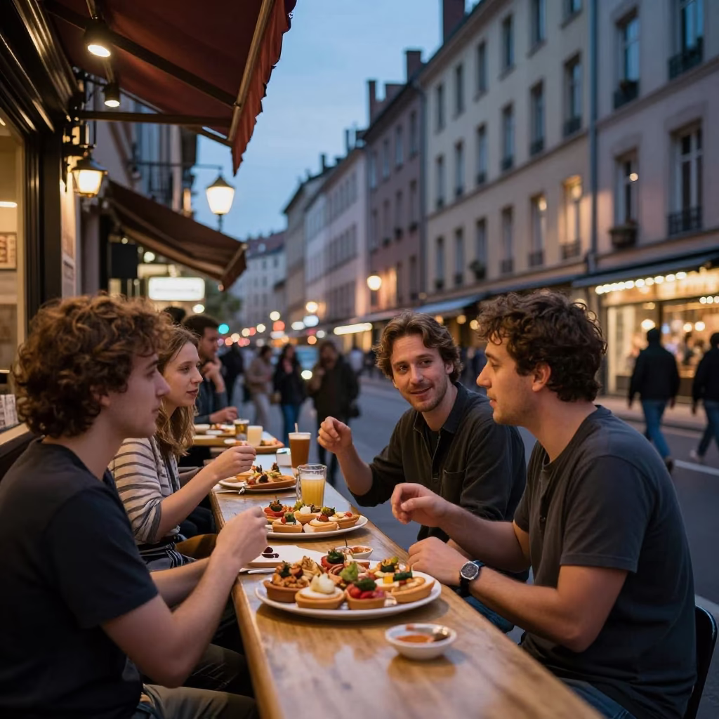 Busy Lyon France Street Scene at Twilight with Local Dining and Urban Details in in Lyon, France