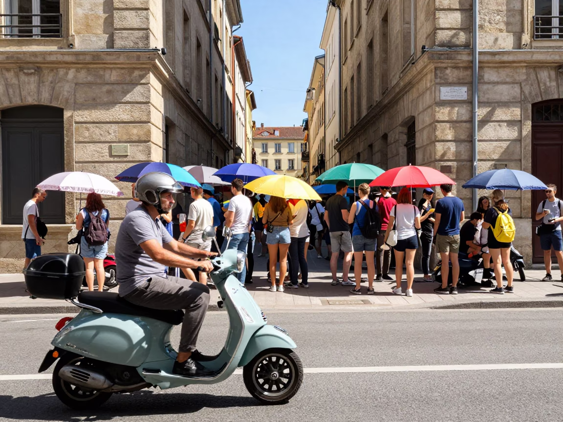Busy Lyon France Street Scene Midday with Scooter and Umbrellas in in Lyon, France