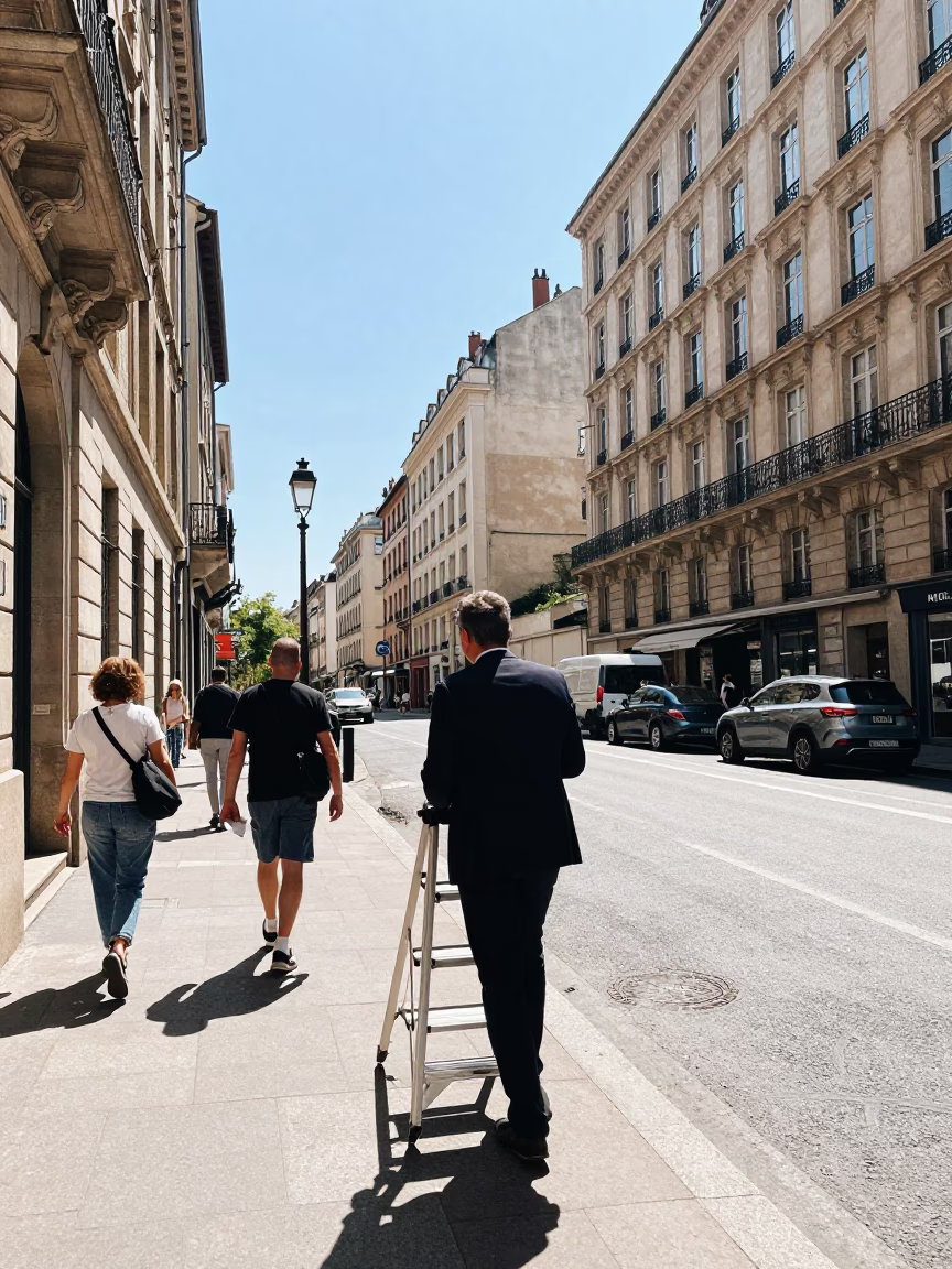 Busy Lyon France Street Scene Noon Sunlight on Historic Architecture in in Lyon, France