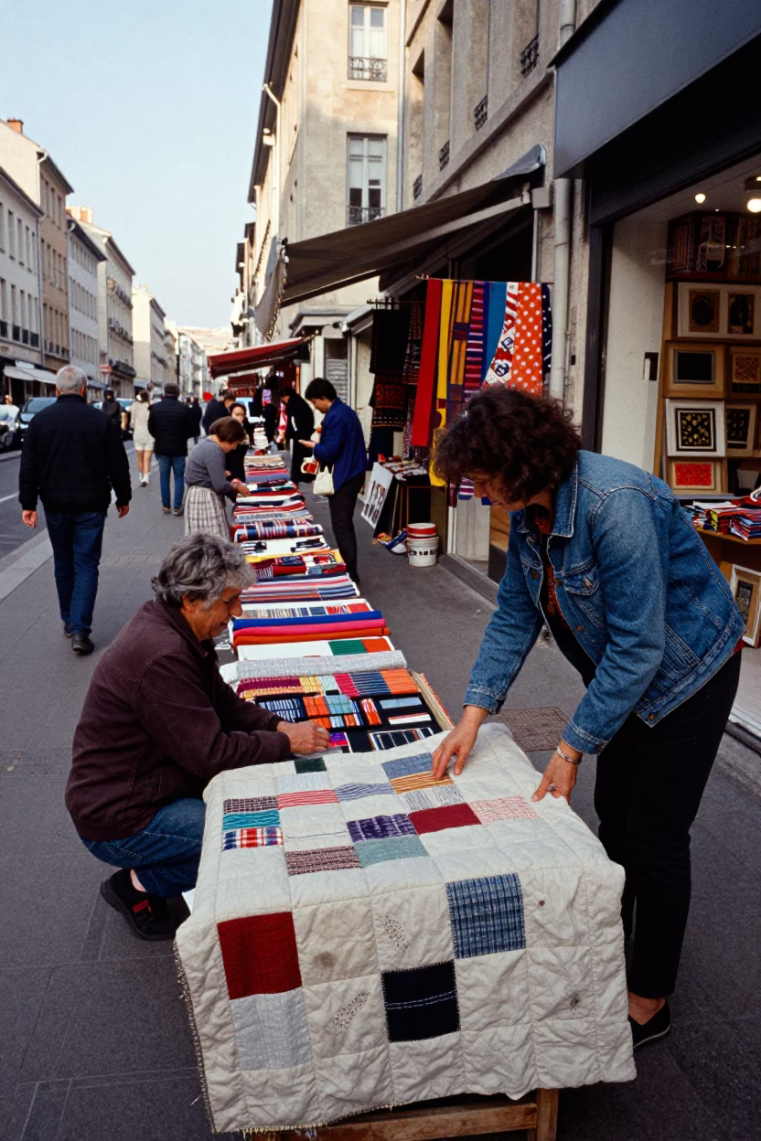 Busy Lyon France Street Scene with Shopkeepers and Colorful Merchandise in Late Afternoon Light in in Lyon, France