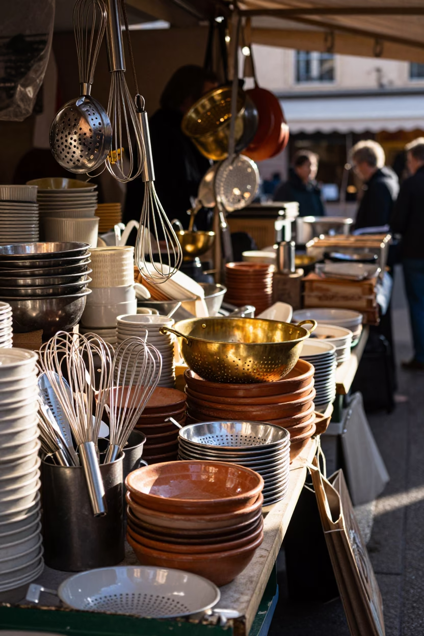 Busy Lyon Market Stall with Whisks and Colander in First Light in in Lyon, France