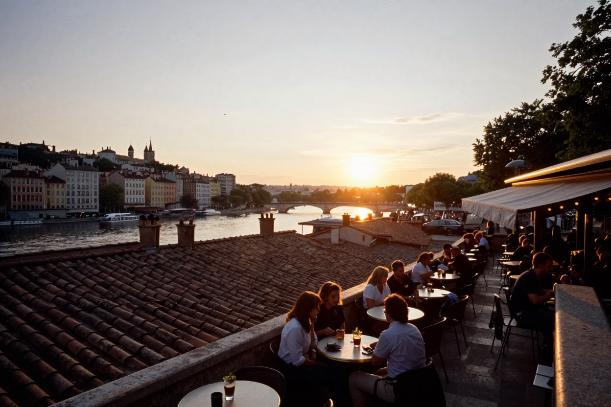 Busy Lyon Street Cafe Terrace at Sunset with Water Rings on Table in in Lyon, France