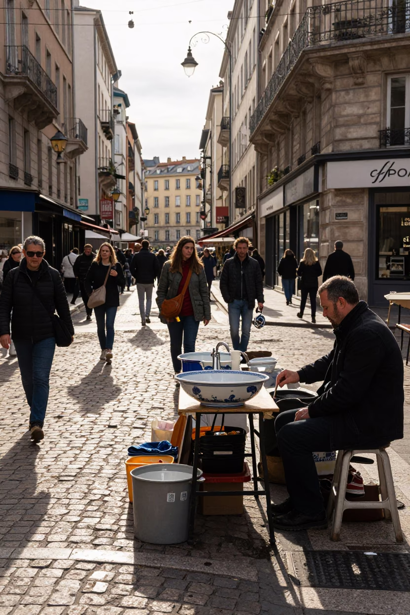 Busy Lyon Street Corner Afternoon with Vendors and Pedestrians in France in in Lyon, France