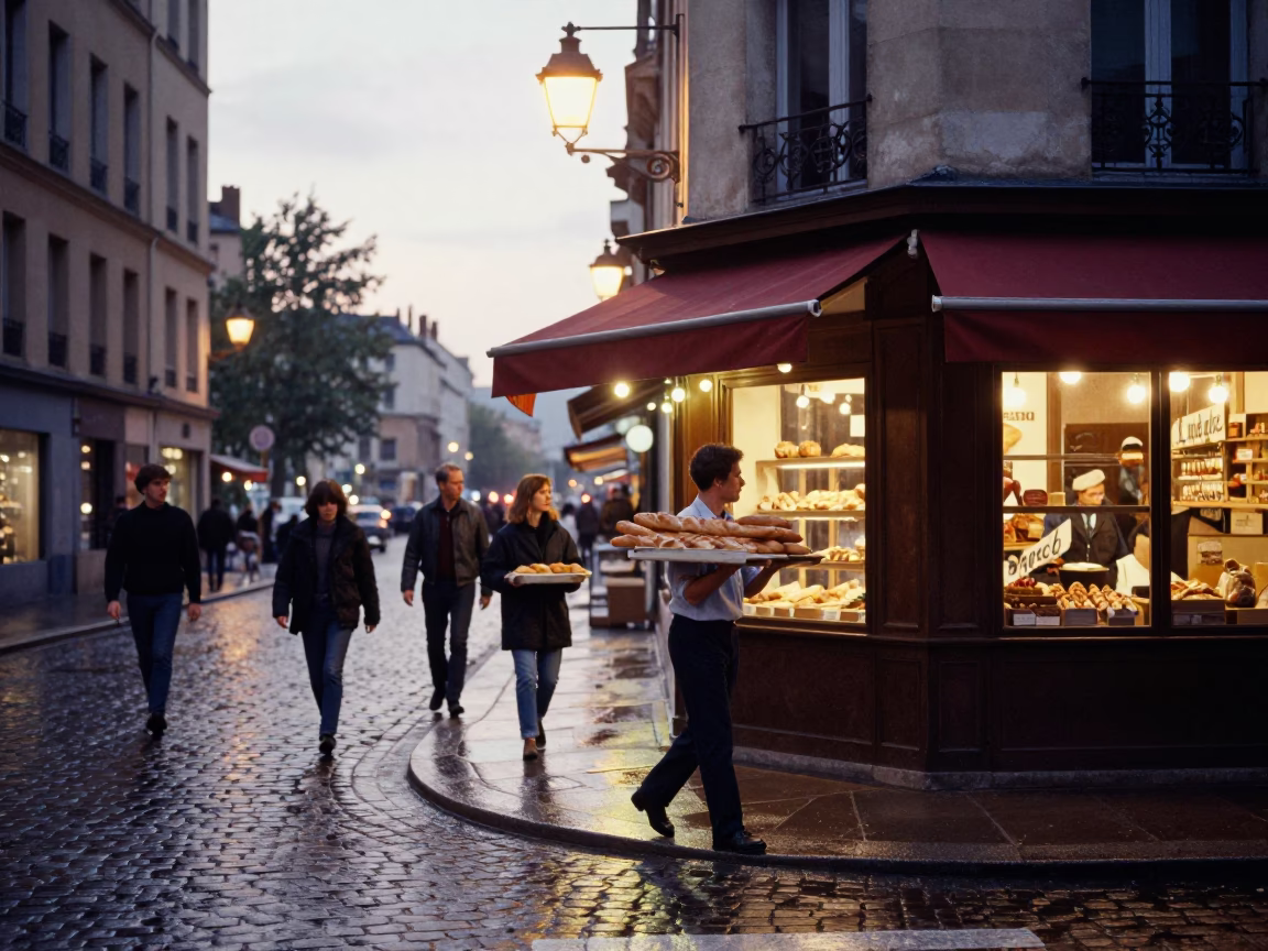 Busy Lyon street corner at dawn with bakeries and morning commuters in in Lyon, France