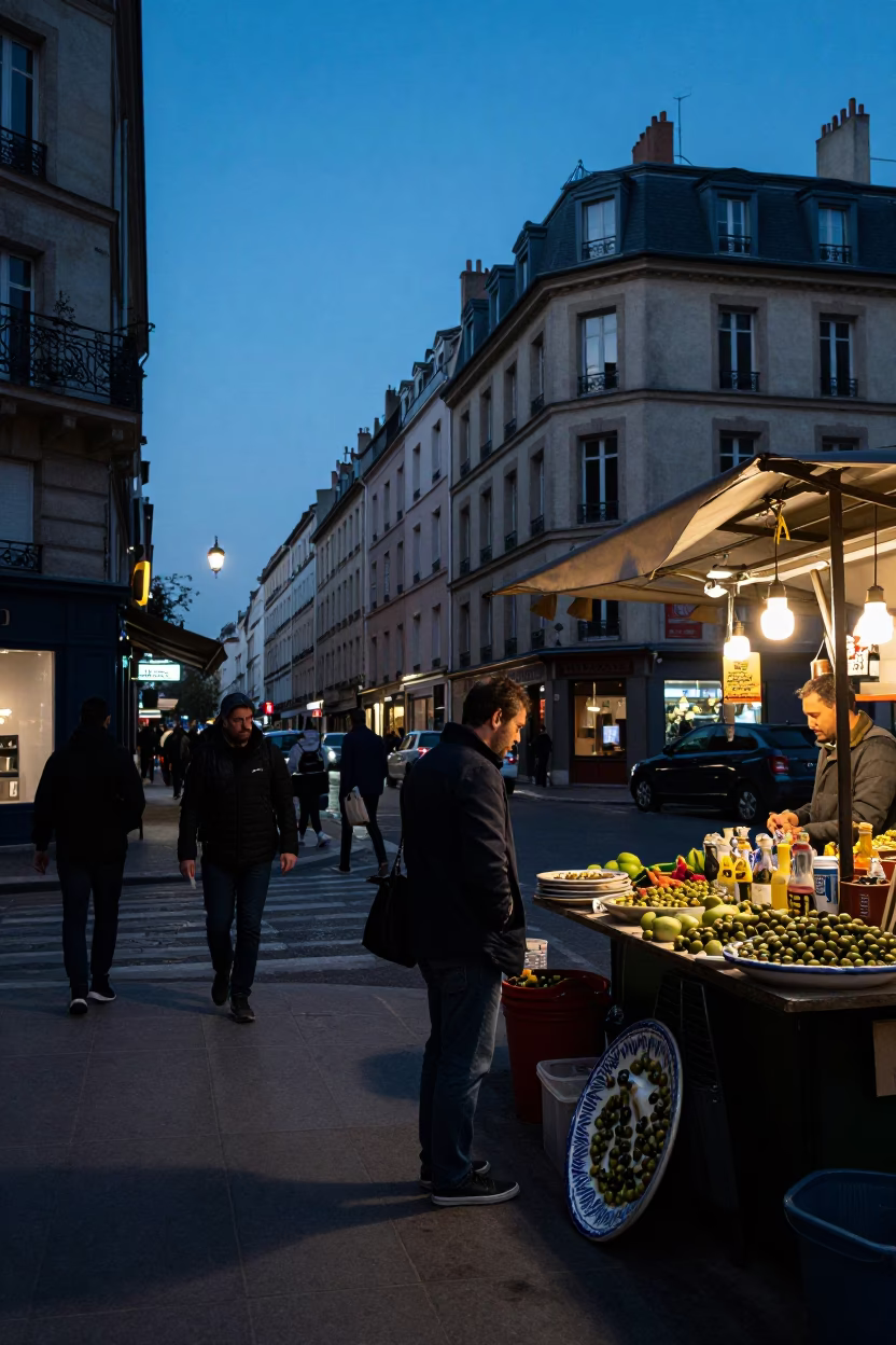 Busy Lyon Street Corner at Indigo Twilight with Rust and Olive Dish in in Lyon, France