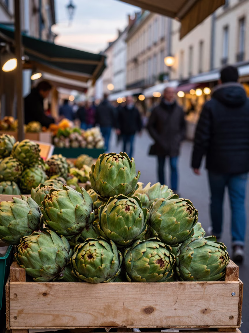Busy Lyon Street Corner Evening Market Stall with Artichokes and Local Interaction in in Lyon, France