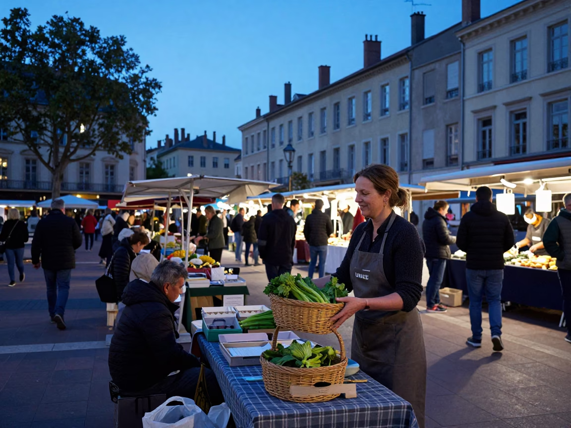Busy Lyon Street Market Scene at Nautical Dawn with Local Vendors and Fresh Produce in in Lyon, France