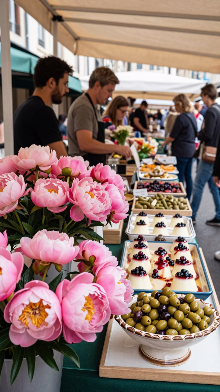 Busy Lyon Street Market Stall with Peonies and French Food in Bright Midmorning Light in in Lyon, France