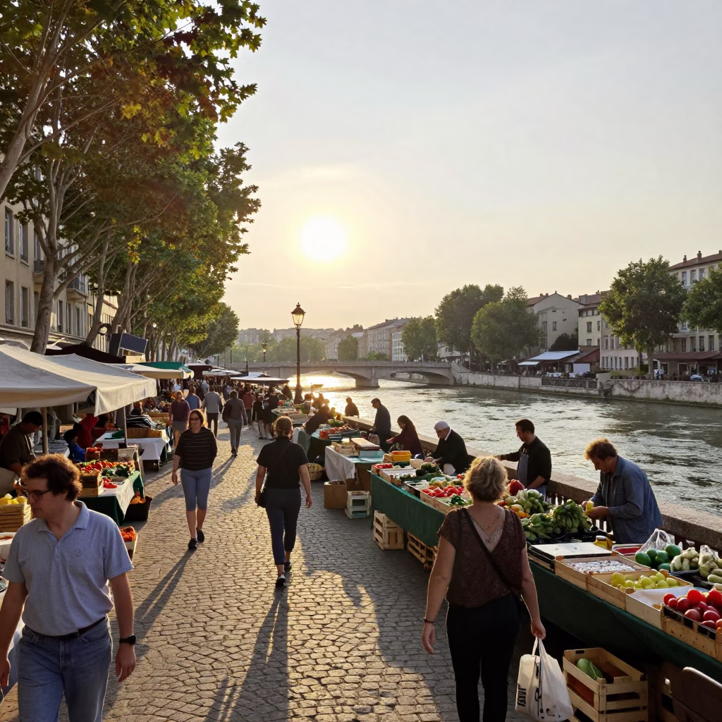 Busy Lyon Street Scene After Sunrise with Market Stalls and Levee Path in in Lyon, France