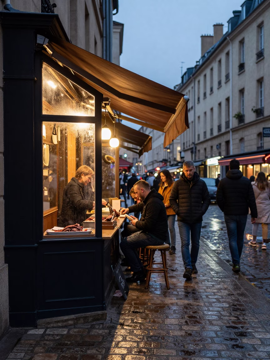 Busy Lyon Street Scene at Blue Hour with Condensation on a Cafe Countertop in in Lyon, France