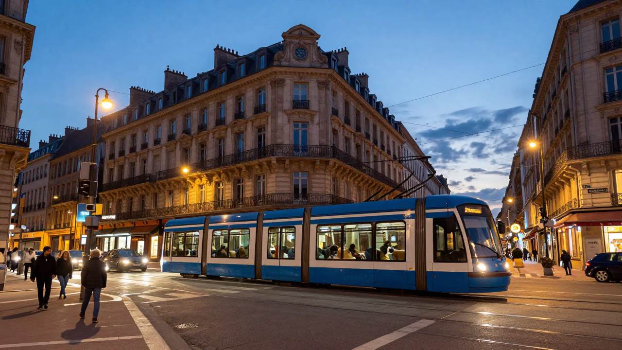Busy Lyon Street Scene at Dusk with Tram and Historic Architecture in in Lyon, France
