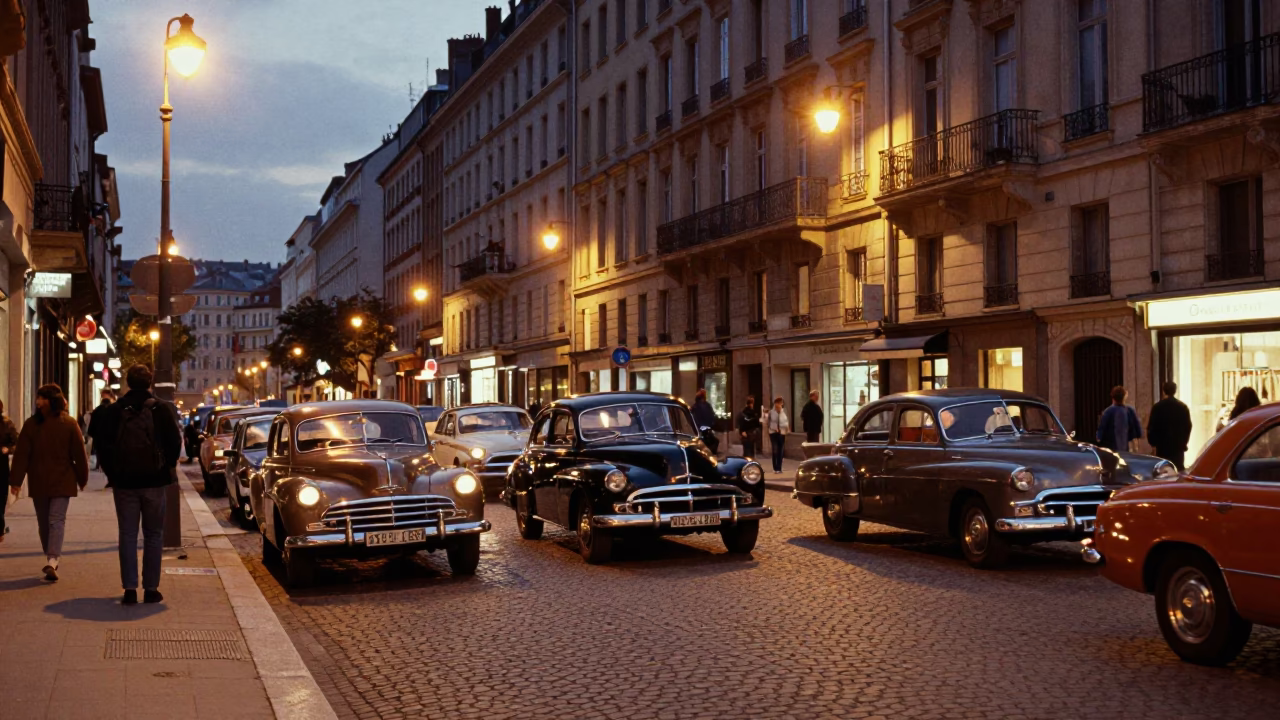 Busy Lyon Street Scene at Dusk with Vintage Cars and Cafe Lights in in Lyon, France