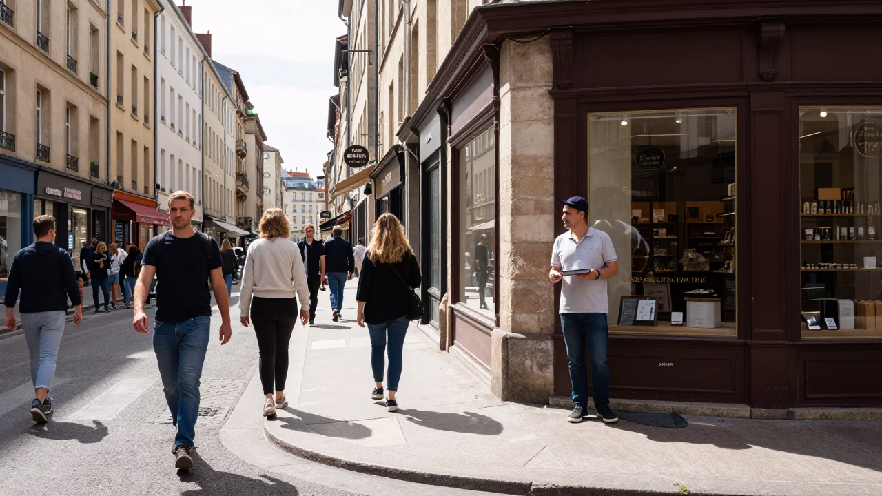Busy Lyon Street Scene at Midday with Local Shopkeeper and Palmier Pastries in in Lyon, France