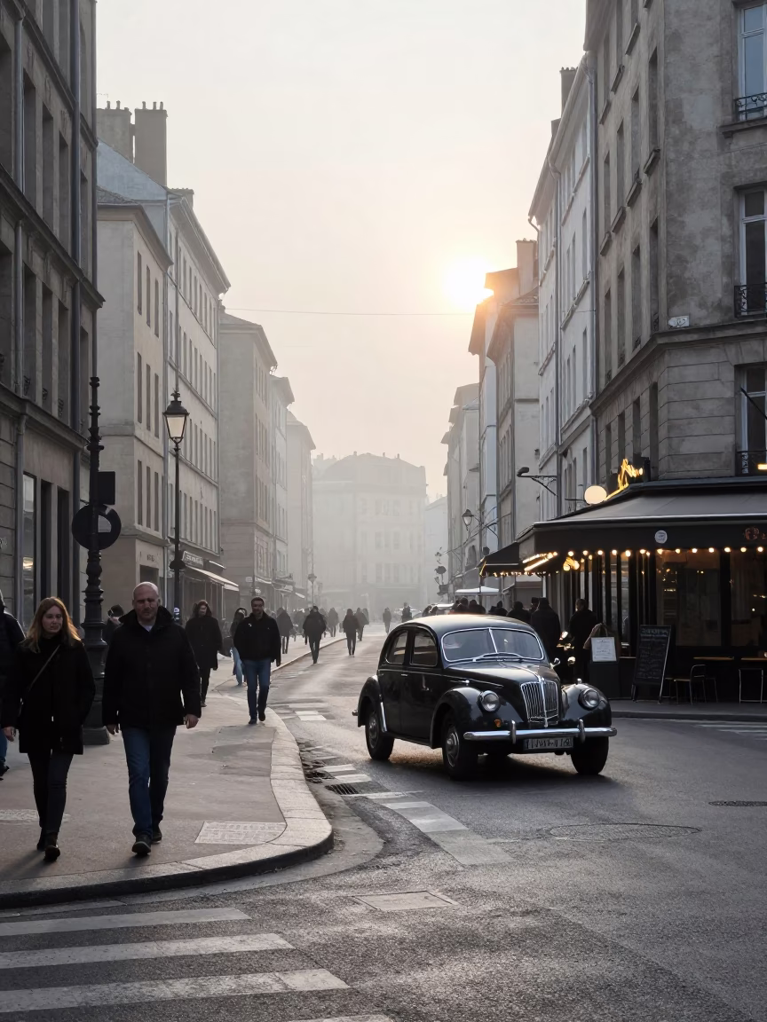 Busy Lyon Street Scene at Nautical Dawn with Vintage 1950s Aesthetic in in Lyon, France