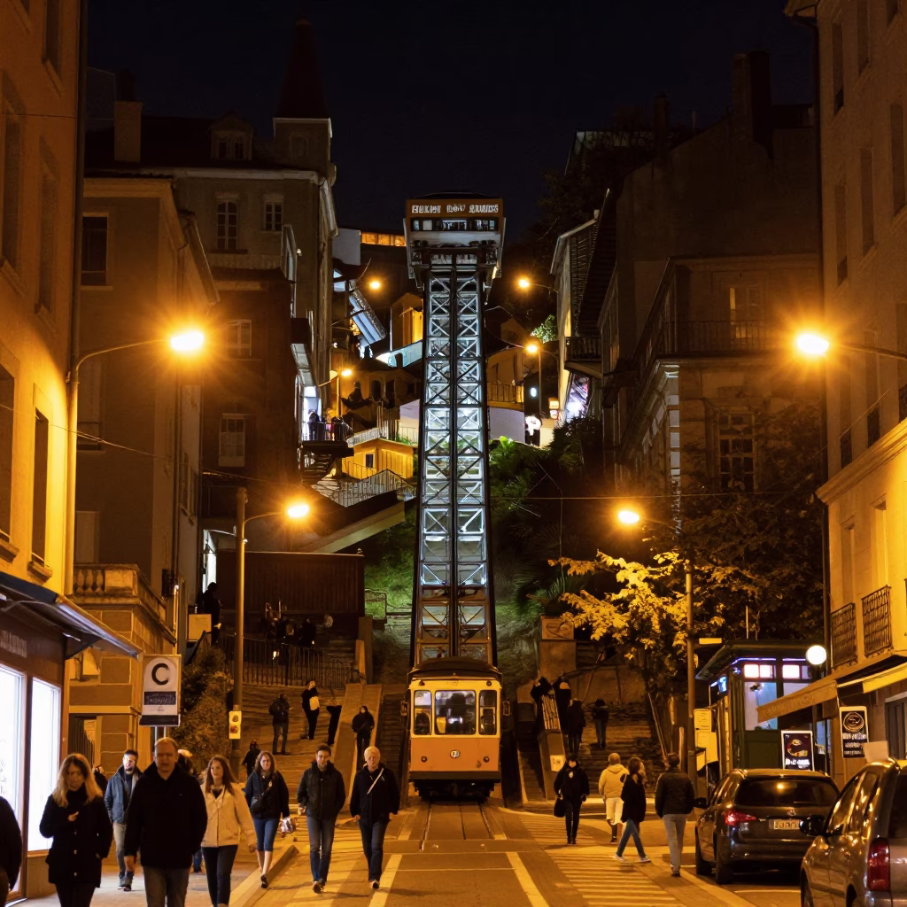 Busy Lyon Street Scene at Night with Funicular and Local Life in in Lyon, France