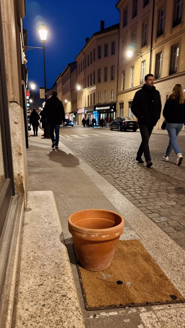 Busy Lyon Street Scene at Night with Terracotta Pot and Doormat in in Lyon, France
