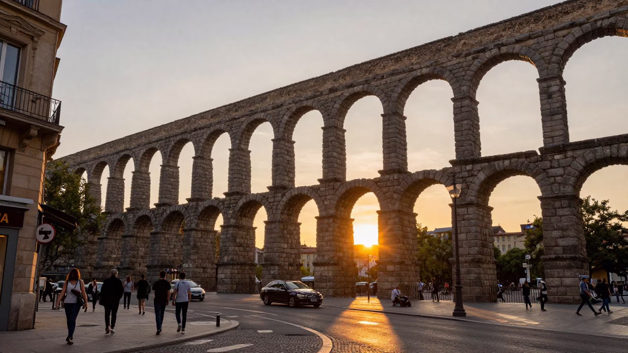 Busy Lyon Street Scene at Sunset with Roman Aqueduct and Local Commerce in in Lyon, France