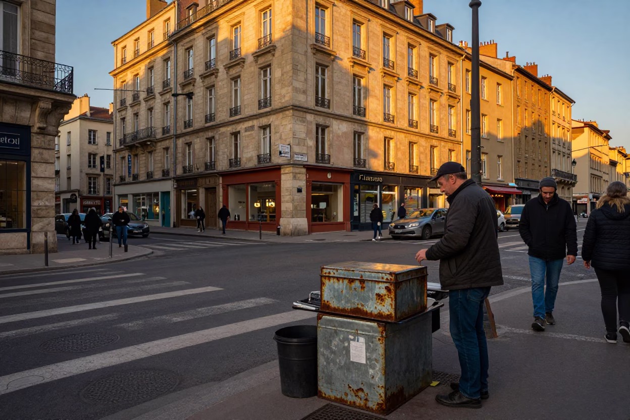 Busy Lyon Street Scene at Sunset with Tin Box and Fruit Crate in in Lyon, France