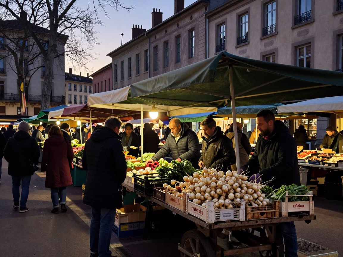 Busy Lyon street scene before dawn with early market vendors and turnips in in Lyon, France