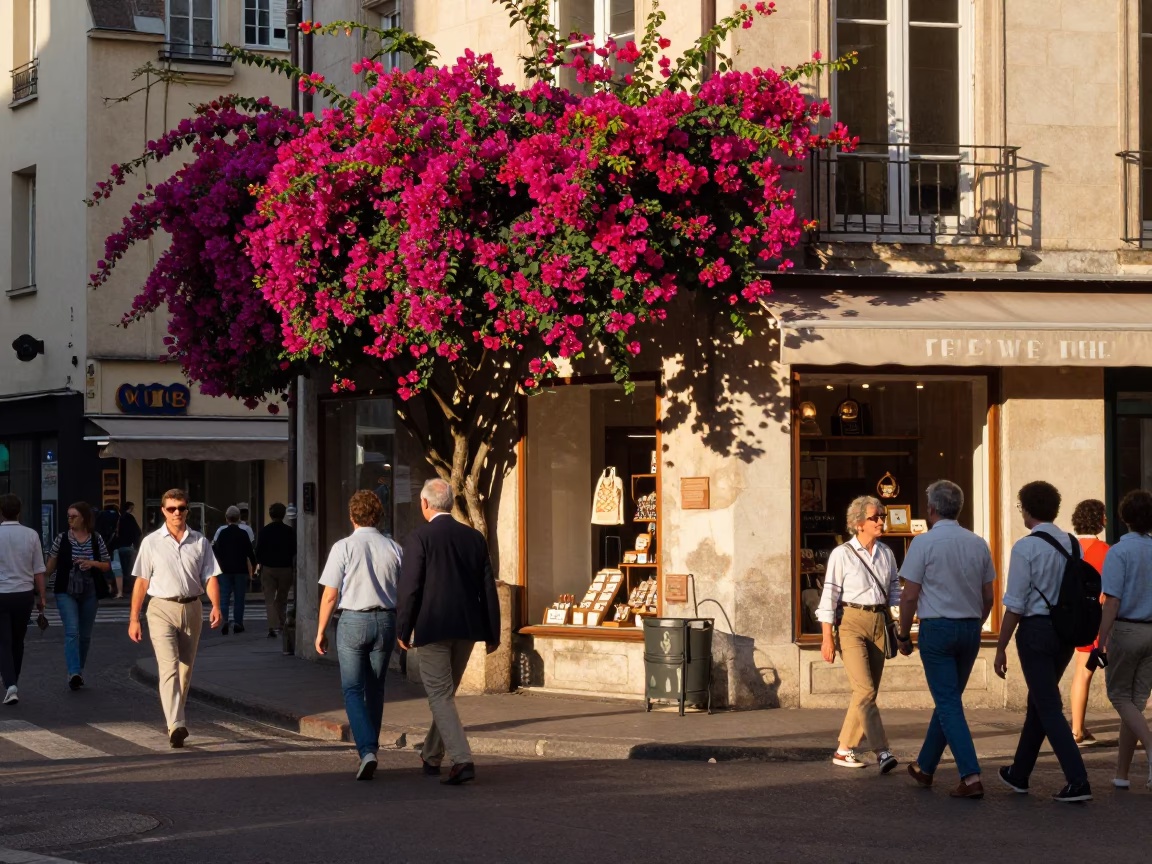 Busy Lyon Street Scene Early Afternoon with Bougainvillea and Daily Life in in Lyon, France