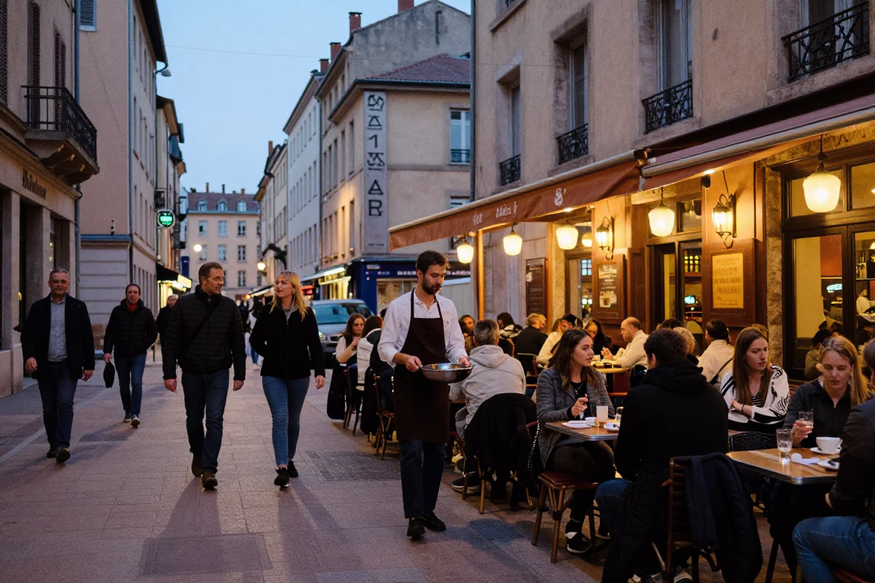 Busy Lyon Street Scene Early Evening with Local Dining and Urban Life in in Lyon, France