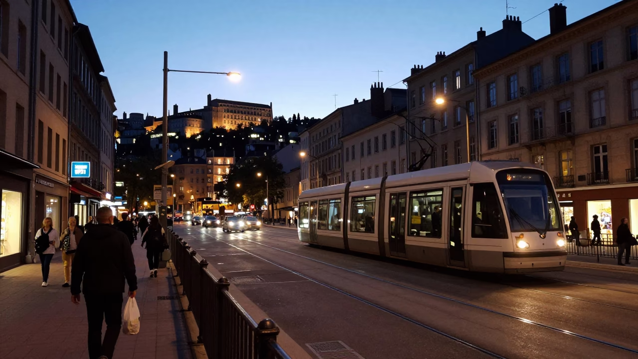 Busy Lyon Street Scene Early Evening with Tramway and Local Diners in in Lyon, France