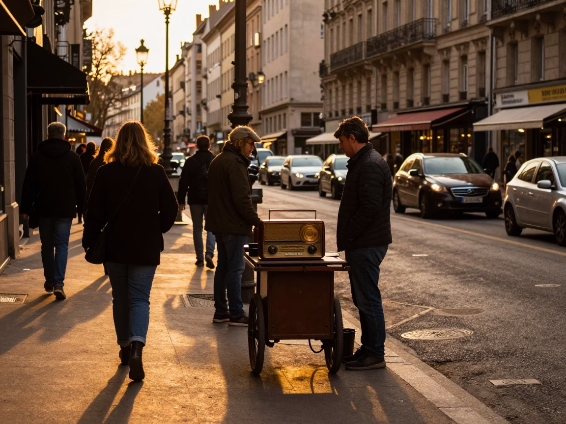Busy Lyon Street Scene Honeyed Evening Light Vintage Radio Shop in in Lyon, France