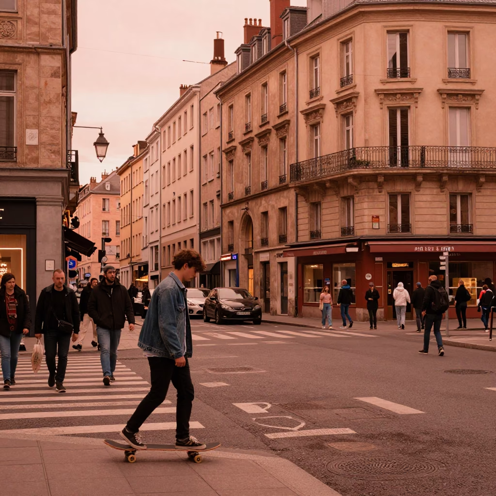 Busy Lyon Street Scene in Copper Dusk Light with Skateboarder and Tram in in Lyon, France