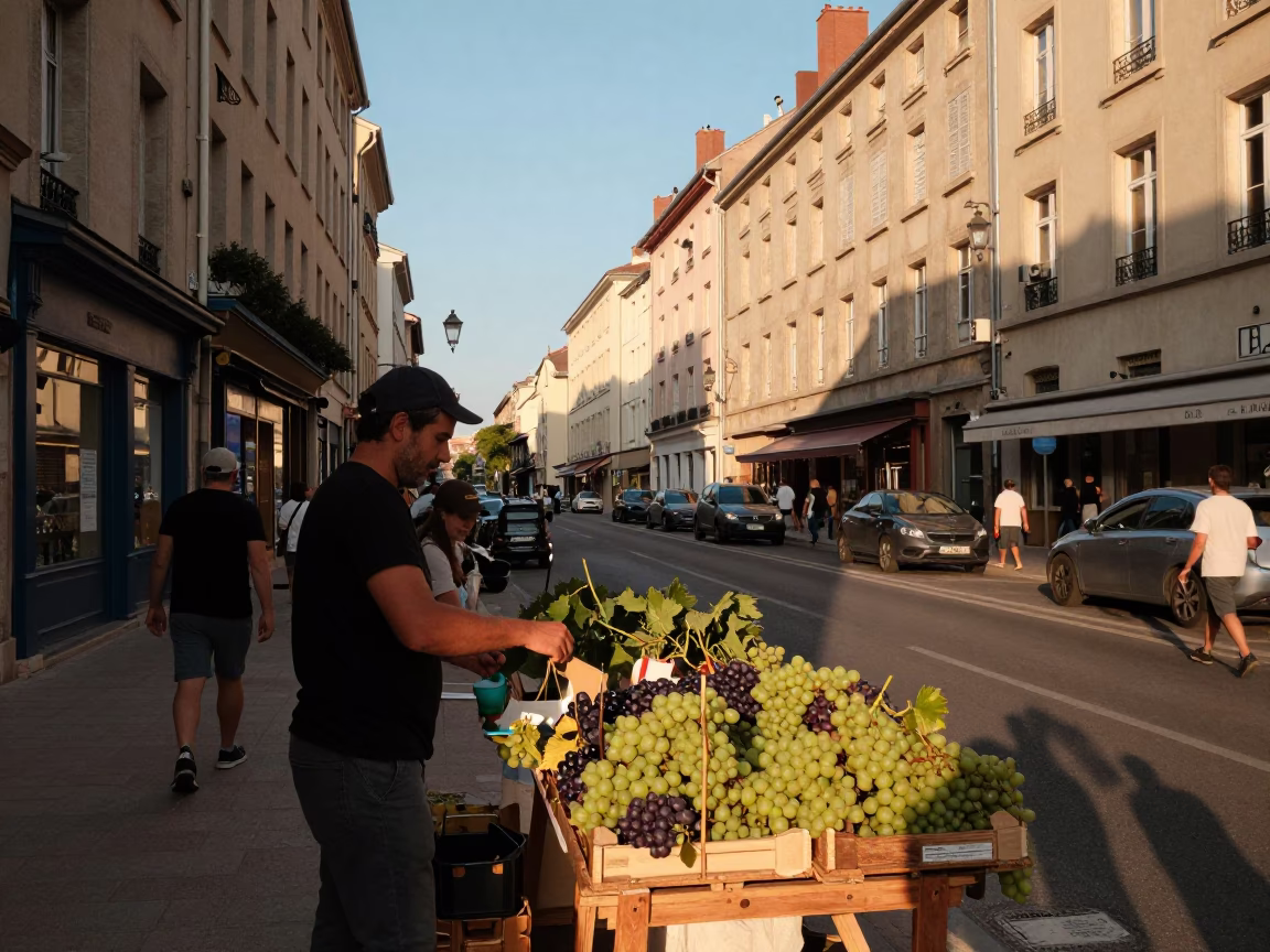 Busy Lyon Street Scene in Honeyed Evening Light with Grapevine and Spice Jar in in Lyon, France