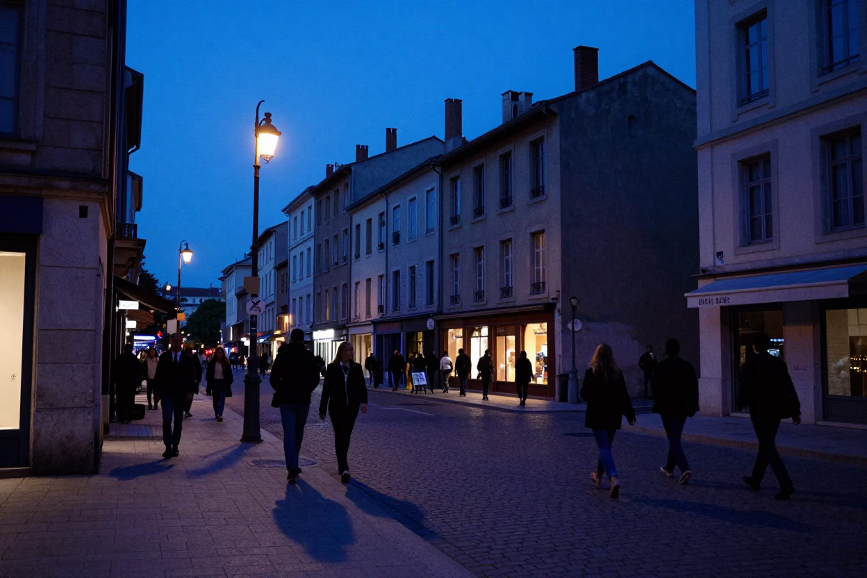 Busy Lyon Street Scene in Indigo Twilight with Local Market Activity and Traditional Architecture in in Lyon, France
