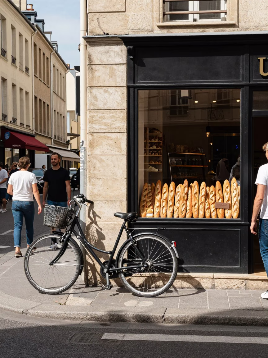 Busy Lyon Street Scene Midday with Bicycle and Bakery Shop Window Display in in Lyon, France