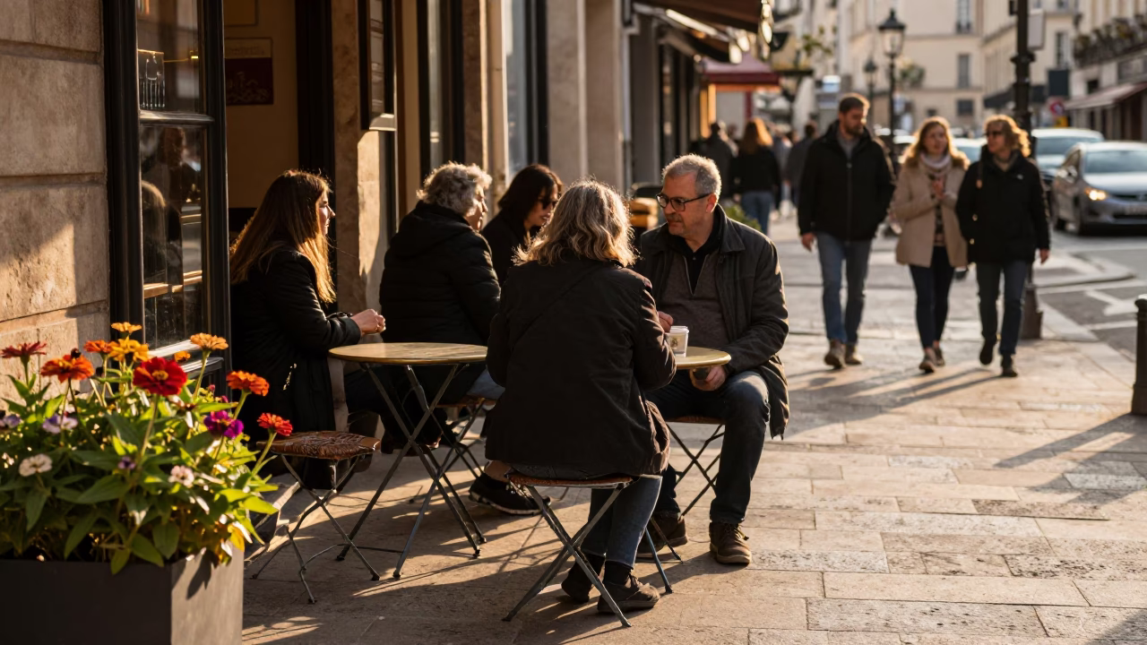 Busy Lyon Street Scene with Folding Stools and Zinnias in Honeyed Evening Light in in Lyon, France