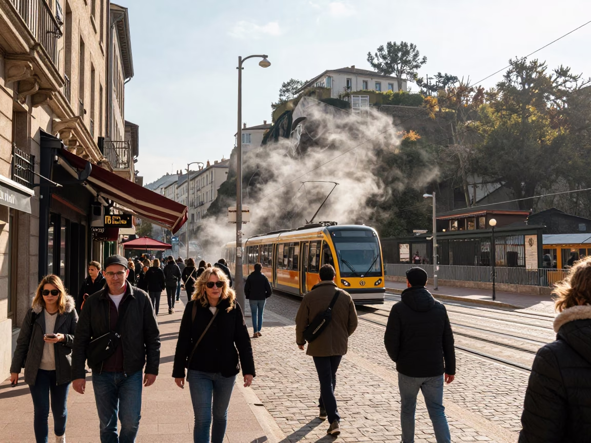 Busy Lyon Street Scene with Funicular and Condensation on Countertop in in Lyon, France