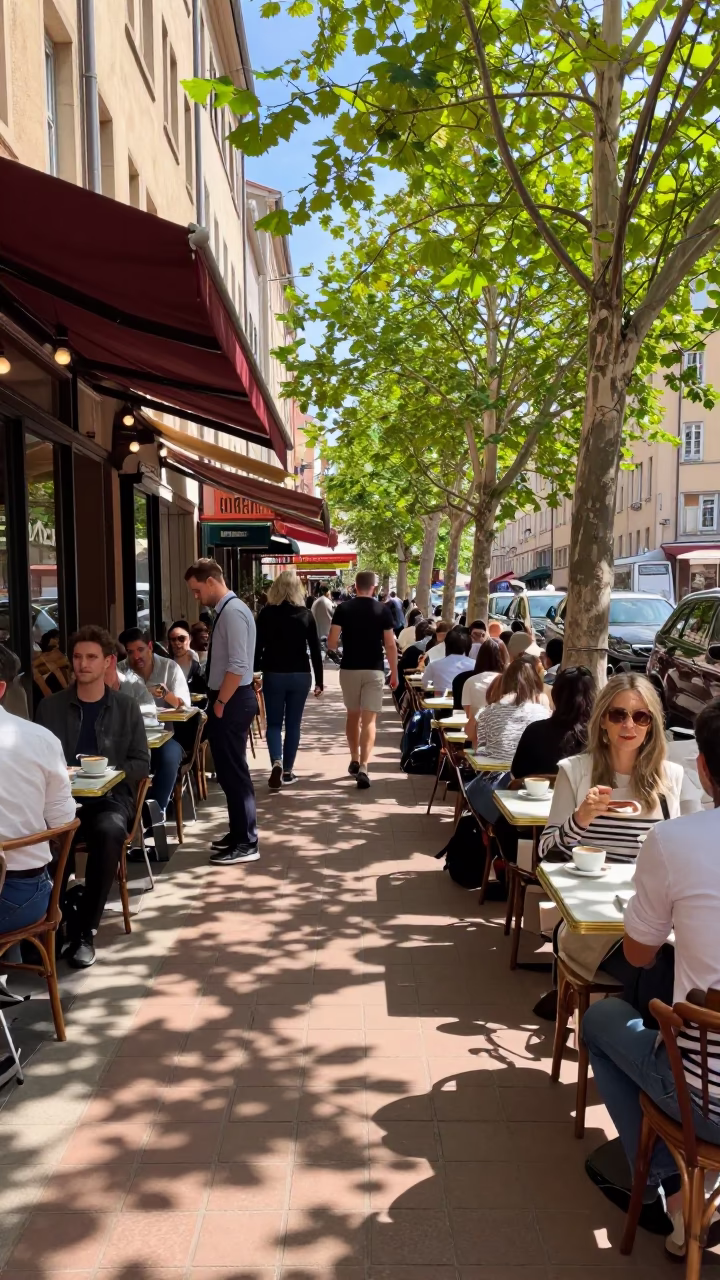 Busy Lyon Street Scene with Leaf Shadows and Tea Stains on Table in in Lyon, France