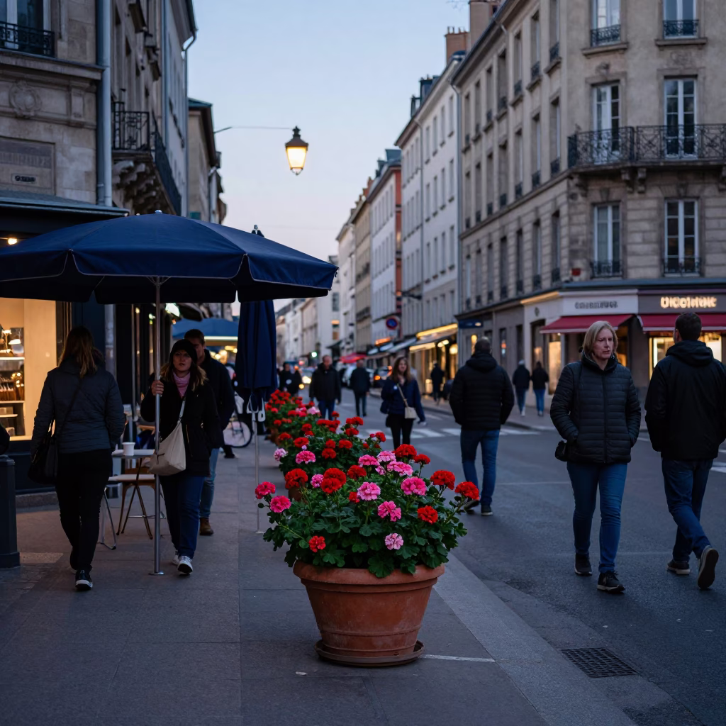 Busy Lyon Street Scene with Potted Geraniums and Umbrellas at Early Evening Dusk in in Lyon, France