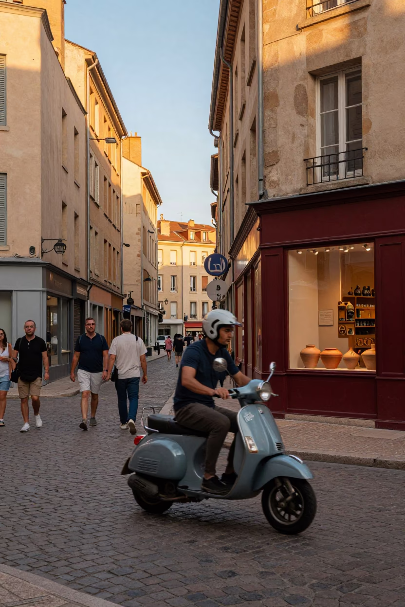 Busy Lyon Street Scene with Scooter Weaving Through Old Town in Honeyed Evening Light in in Lyon, France