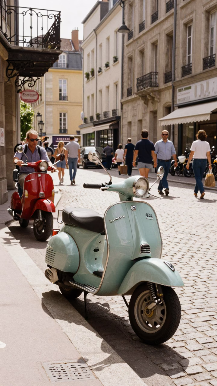 Busy Lyon Street Scene with Vintage Vespa and Cobblestone Lane at Midday in in Lyon, France