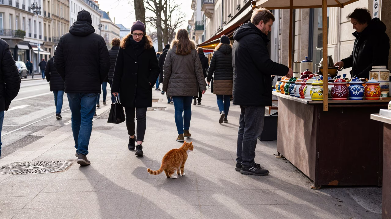Busy Lyon Winter Noon Street Scene with Ginger Cat and Canisters in in Lyon, France