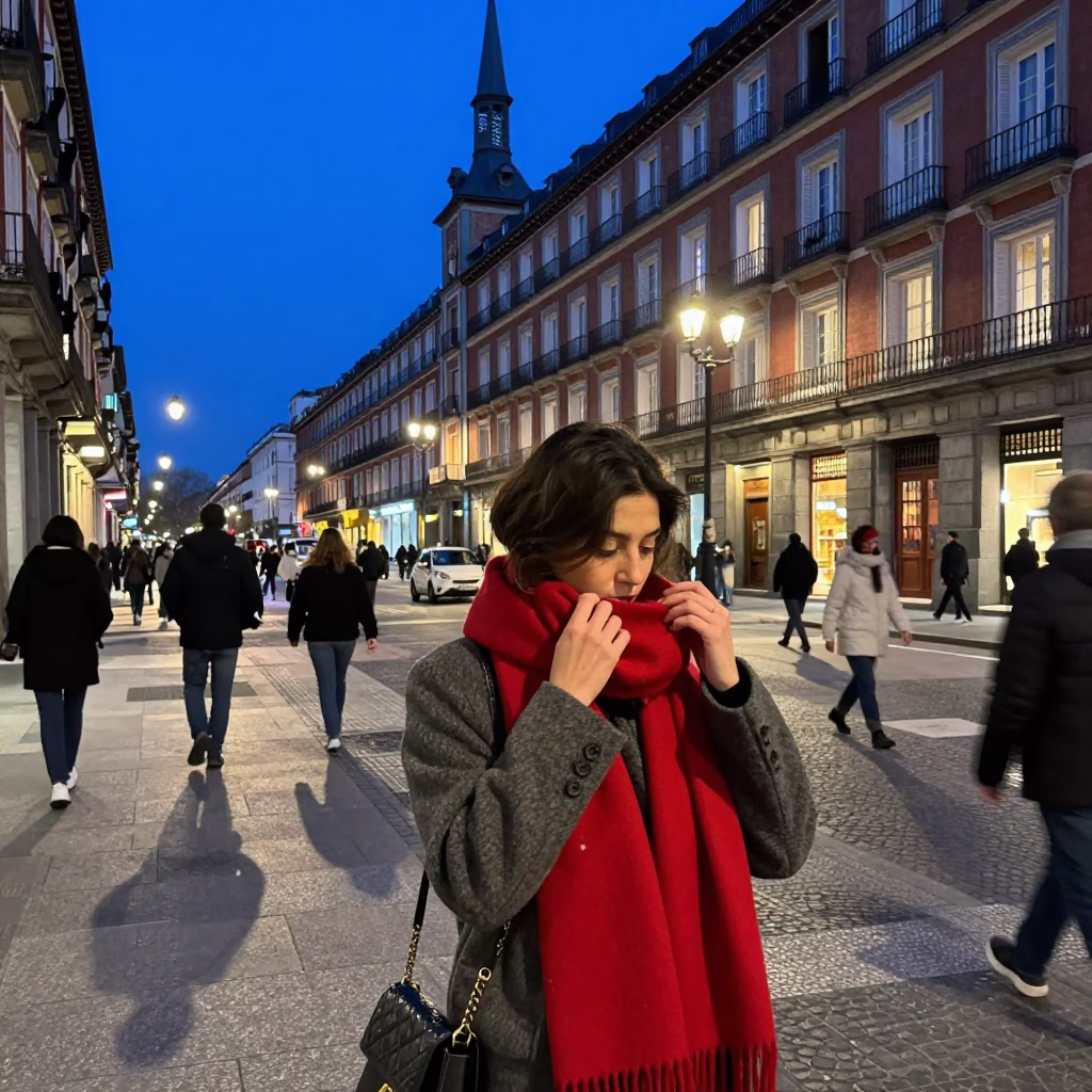 Busy Madrid Evening Street Scene with Scarf and Urban Details in in Madrid, Spain