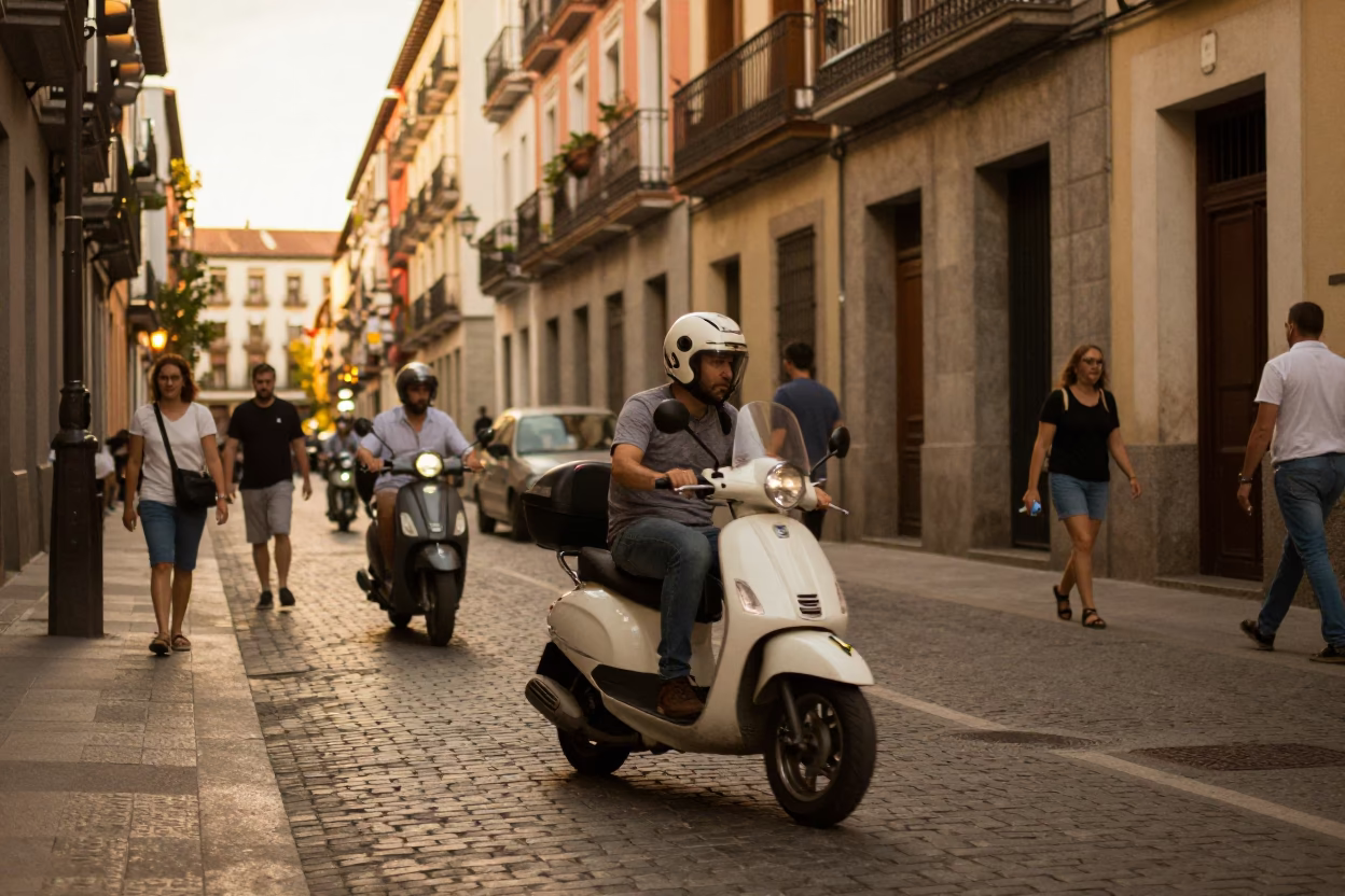 Busy Madrid Evening Street Scene with Scooter and Historic Architecture in in Madrid, Spain