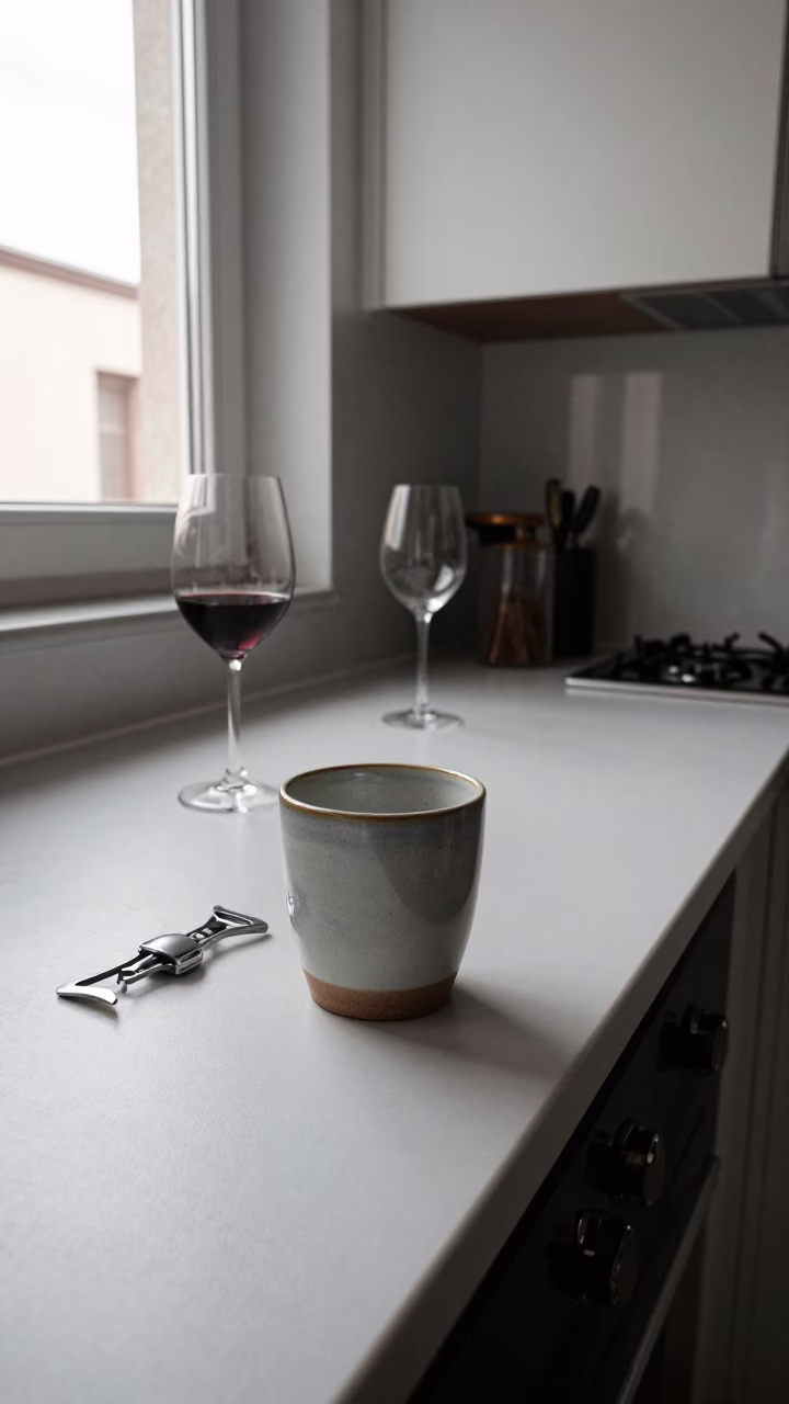 Busy Madrid Kitchen Counter With Ceramic Cup And Wine Opener in in Madrid, Spain