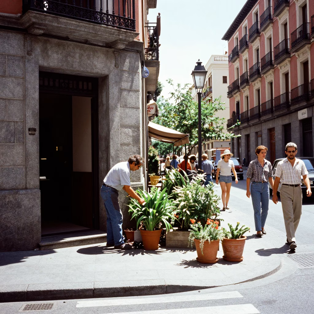 Busy Madrid Midday Street Scene with Gardener and Vintage Details in in Madrid, Spain